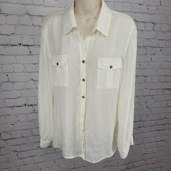 Chico's Ivory White Semi Sheer Button Up Roll Tab Long Sleeve Shirt Top 2 US 12 - Picture 1 of 14